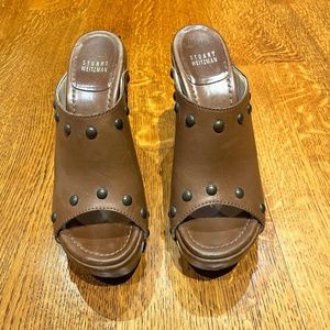 Stuart Weitzman Brown Leather open toe heeled Clog/Mule